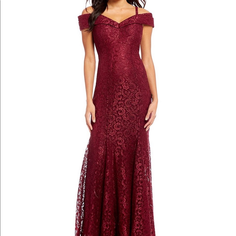R & M Richards Off-the-Shoulder Lace Prom Dress